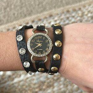 black leather strap cool watch with rhinestones and gold studs